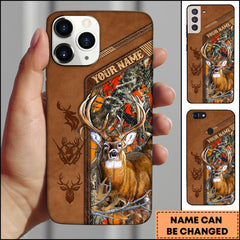Maxcorners Hunting Phone Case Majestic Whitetail Deer Leather Pocket Style Forest Camo Personalized Name Phone Case | Orange