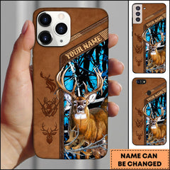 Maxcorners Hunting Phone Case Majestic Whitetail Deer Leather Pocket Style Forest Camo Personalized Name Phone Case | Blue