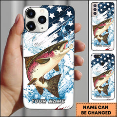 Maxcorners Salmon Fishing Jumping Salmon American Flag Splash Art Personalized Name Phone Case