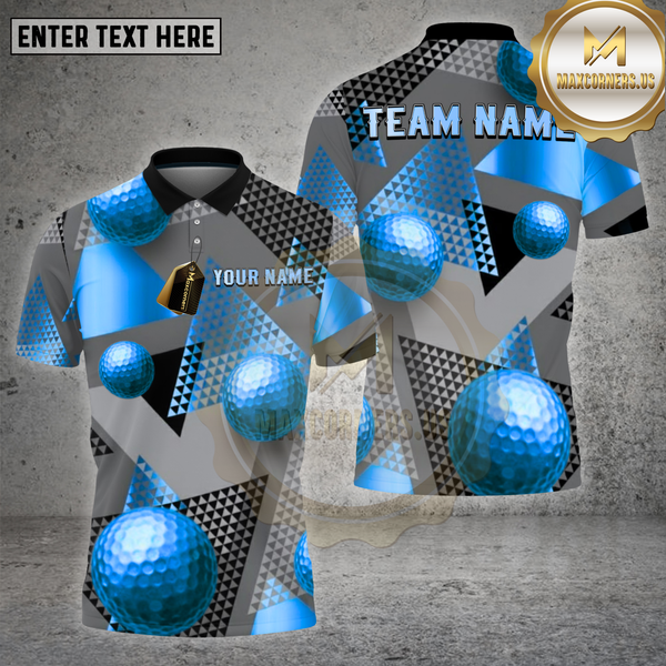 Maxcorners Golf Shirt – Gold Geometric Pattern with 3D Golf Balls – Personalized Name, Team Name Polo