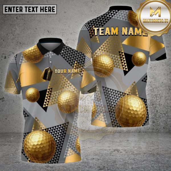 Maxcorners Golf Shirt – Gold Geometric Pattern with 3D Golf Balls – Personalized Name, Team Name Polo