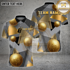 Maxcorners Golf Shirt – Gold Geometric Pattern with 3D Golf Balls – Personalized Name, Team Name Polo
