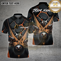 Maxcorners Bowling Shirt – Copper Hexagon Pattern with 3D Strike Ball & Pins – Personalized Name, Team Name 3D Shirt