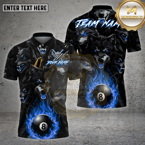 Maxcorners Billiards Shirt Dark Wolf Pack Flame 8 Ball Multioptions Personalized Name, Team Name Unisex 3D Shirt