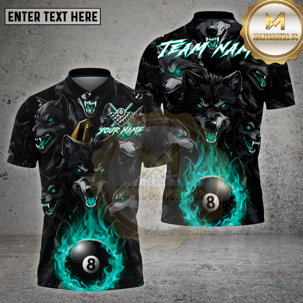 Maxcorners Billiards Shirt Dark Wolf Pack Flame 8 Ball Multioptions Personalized Name, Team Name Unisex 3D Shirt