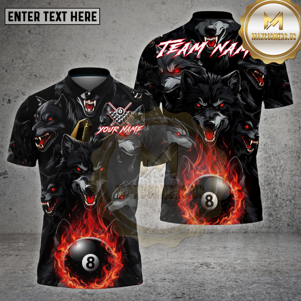 Maxcorners Billiards Shirt Dark Wolf Pack Flame 8 Ball Multioptions Personalized Name, Team Name Unisex 3D Shirt