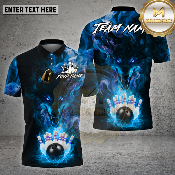 Maxcorners Bowling Shirt Purple Flame Wolf Bowling Strike Multioptions Personalized Name, Team Name Unisex 3D Shirt