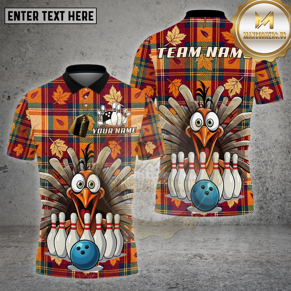 Maxcorners Bowling Shirt Thanksgiving Turkey Plaid Autumn Leaves Pattern Multi Options Personalized Name, Team Name 3D Shirt