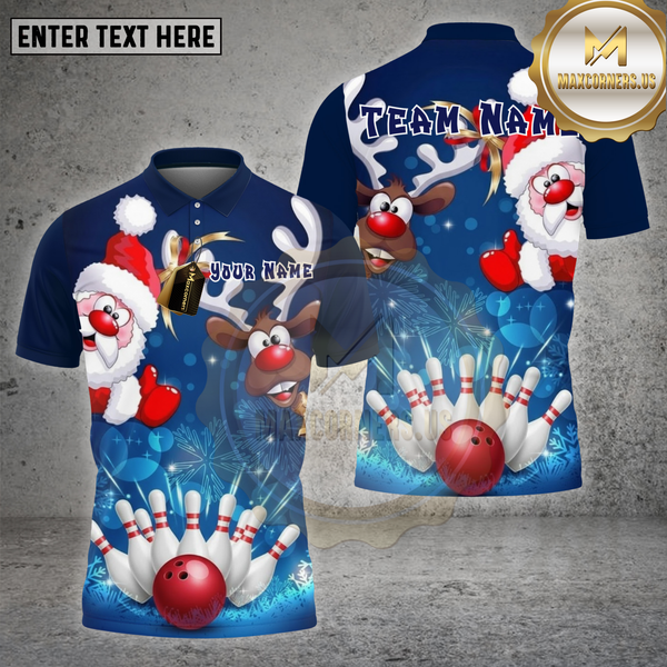 Maxcorners Bowling Shirt Santa Reindeer Bowling Pins Blue Christmas Theme Multi Options Personalized Name, Team Name 3D Shirt