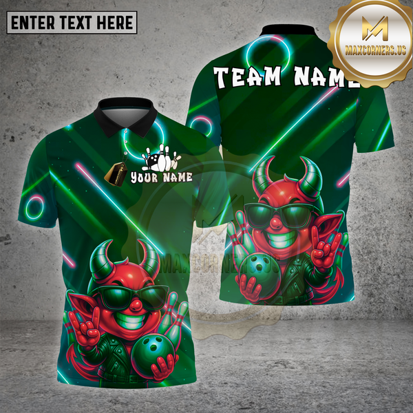 Maxcorners Bowling Shirt Neon Devil Character Multioptions Personalized Name, Team Name Unisex 3D Shirt (4 Colors)