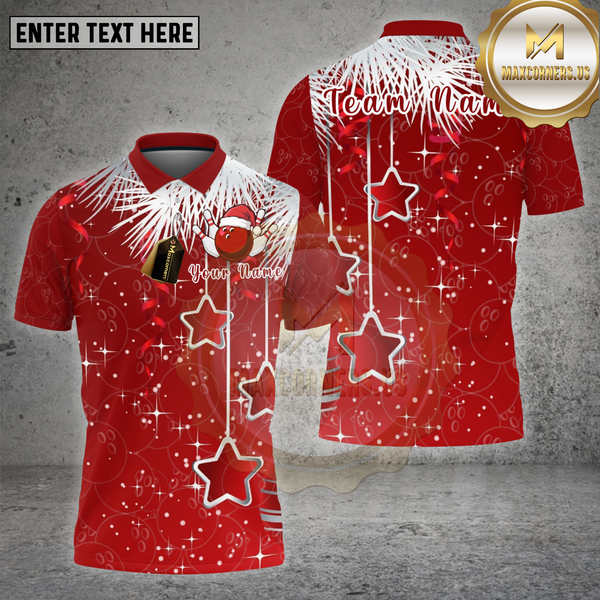 Maxcorners Bowling Shirt Hanging Stars Bowling Ball Christmas Lights Pattern Multi Options Personalized Name, Team Name 3D Shirt