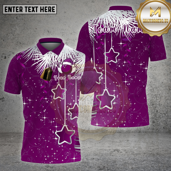 Maxcorners Bowling Shirt Hanging Stars Bowling Ball Christmas Lights Pattern Multi Options Personalized Name, Team Name 3D Shirt