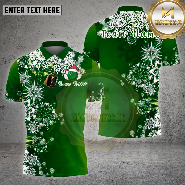 Maxcorners Bowling Shirt White Snowflake Ice Christmas Theme Multi Options Personalized Name, Team Name 3D Shirt