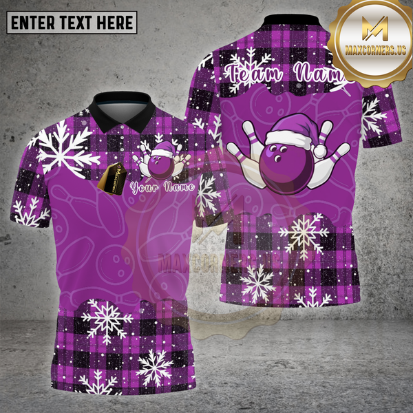 Maxcorners Bowling Shirt Plaid Snowflake Santa Bowling Ball Multi Options Personalized Name, Team Name 3D Shirt