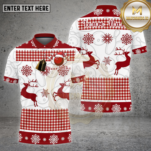 Maxcorners Bowling Shirt White Reindeer Snowflake Christmas Theme Multi Options Personalized Name, Team Name 3D Shirt