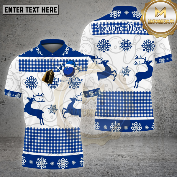 Maxcorners Bowling Shirt White Reindeer Snowflake Christmas Theme Multi Options Personalized Name, Team Name 3D Shirt