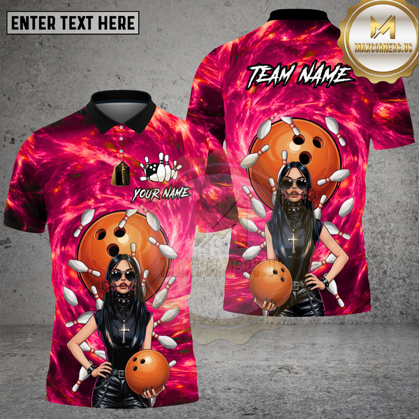 Maxcorners Bowling Shirt Gothic Girl Orange Ball Blue Galaxy Background Multi Options Personalized Name, Team Name 3D Shirt