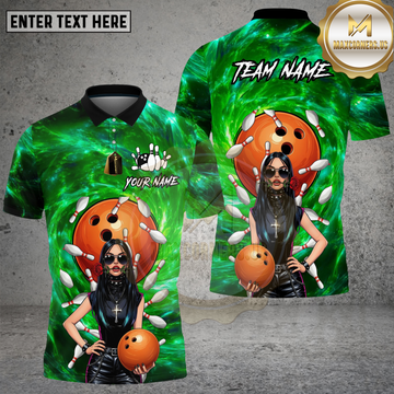 Maxcorners Bowling Shirt Gothic Girl Orange Ball Blue Galaxy Background Multi Options Personalized Name, Team Name 3D Shirt