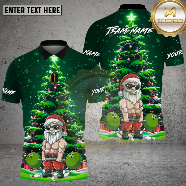 Maxcorners Bowling Shirt Muscular Santa Christmas Tree Night Scene Multi Options Personalized Name, Team Name 3D Shirt