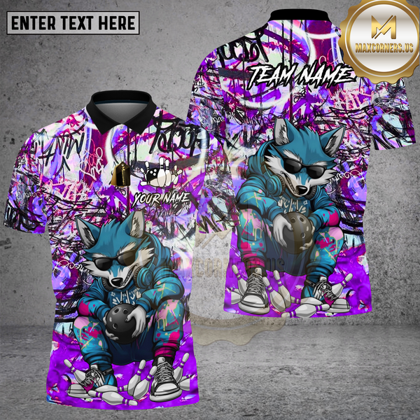 Maxcorners Bowling Shirt Cool Wolf Graffiti Street Art Colorful Pattern Multi Options Personalized Name, Team Name 3D Shirt