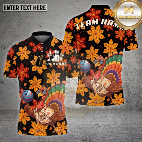 Maxcorners Bowling Shirt Gobble Bowl Colorful Turkey Autumn Leaves Thanksgiving Multi Options Personalized Name, Team Name 3D Shirt