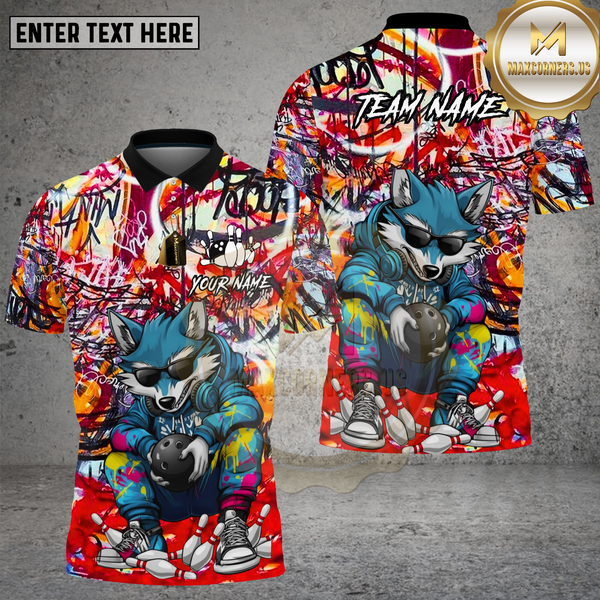 Maxcorners Bowling Shirt Cool Wolf Graffiti Street Art Colorful Pattern Multi Options Personalized Name, Team Name 3D Shirt