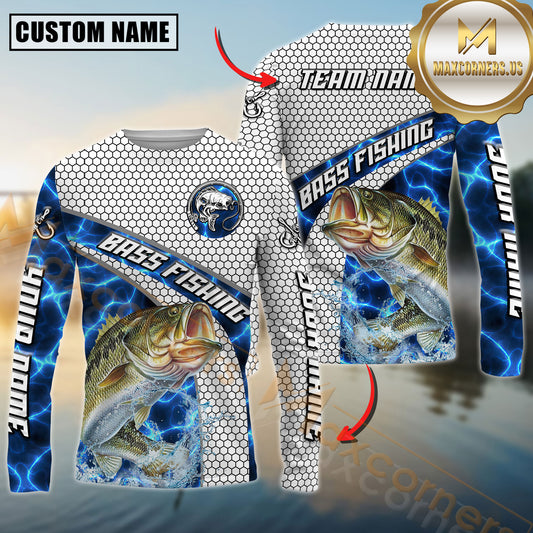 Maxcorners Largemouth Bass Fishing Honeycomb Electric Water Splash Personalized Name, Team Name Long Sleeve Shirt