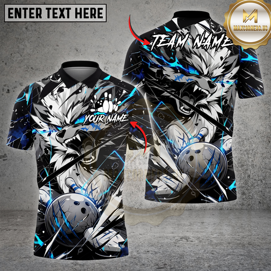 Maxcorners Bowling Shirt Angry Wolf Strike Ball Blue Lightning Graphic Multicolor Options Personalized Name, Team Name 3D Shirt (4 Colors)