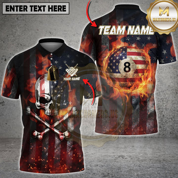 Maxcorners Billiards Shirts Skull American Flag Fire Graphic Multi Options Personalized Name, Team Name 3D Shirt