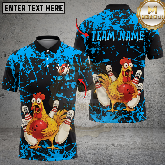 Maxcorners Chicken Bowling Shirt Funny Cartoon Strike Graphic Multicolor Options Personalized Name, Team Name 3D Shirt (4 Colors)