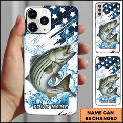 Maxcorners Striped Bass Fishing Jumping Striped Bass American Flag Splash Art Personalized Name Phone Case