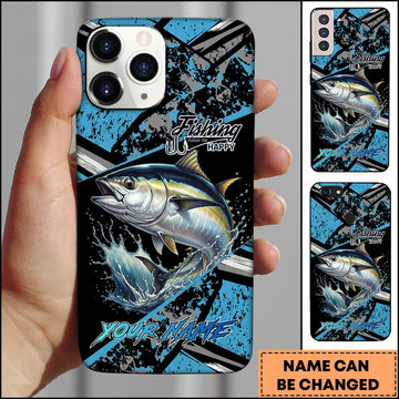 Maxcorners Tuna Fishing Blue Grunge Paint Splash Dynamic Art Personalized Name Phone Case