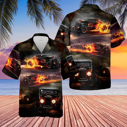 Maxcorners Fiery Hot Rod Classic Car Hawaiian Shirt