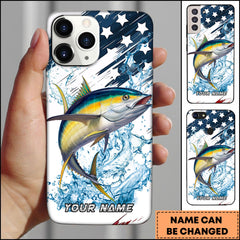 Maxcorners Tuna Fishing Jumping Tuna American Flag Splash Art Personalized Name Phone Case