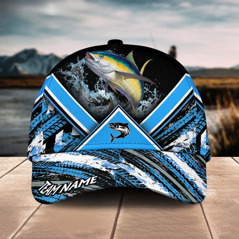 Maxcorners Tuna Fishing Blue Tire Triangle Pattern Sport Pattern Personalized Name 3D Cap