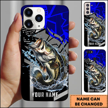 Maxcorners Bass Fishing Dynamic Blue Geometric Splash Art Personalized Name Phone Case