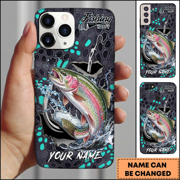 Maxcorners Trout Fishing Hexagon Tech Pattern Hook Icon Water Splash Personalized Name Phone Case
