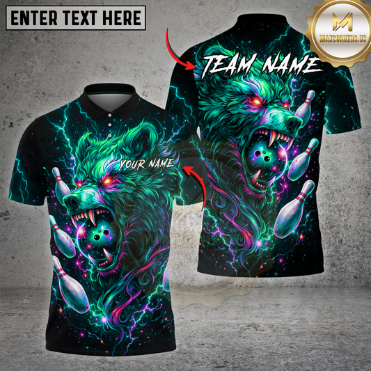 Maxcorners Neon Wolf Bowling Lightning Galaxy Style Multicolor Options Personalized Name, Team Name 3D Shirt (4 Colors)