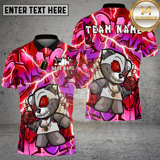 Maxcorners Street Graffiti Teddy Bear Bowling Style Multicolor Options Personalized Name, Team Name 3D Shirt (4 Colors)