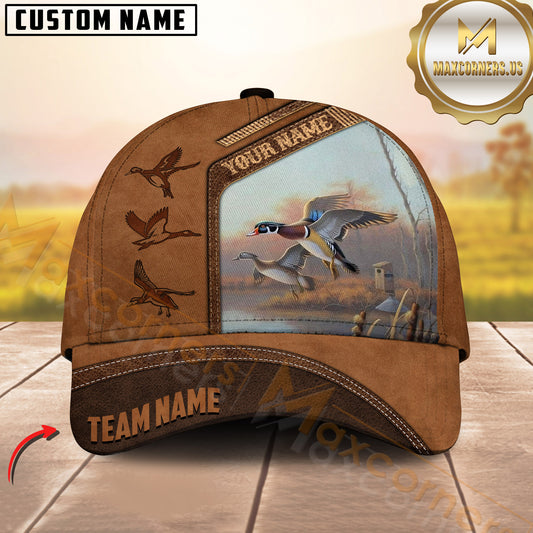 Maxcorners Duck Hunting Flying Wood Duck Vintage Leather Style Personalized Name Cap