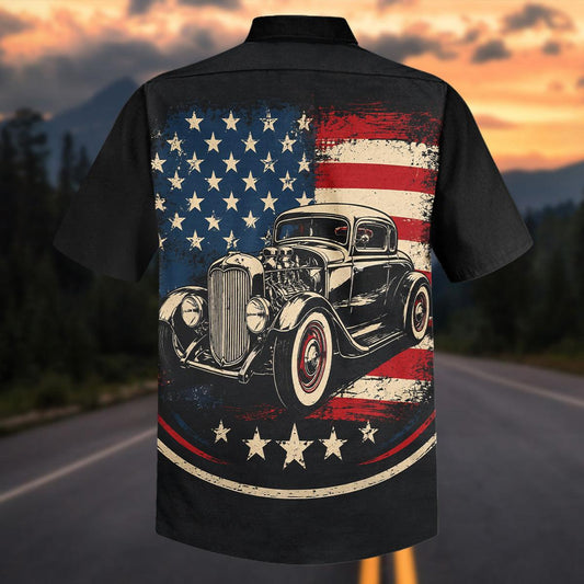 Maxcorners Retro Hot Rod Coupe USA Flag Aloha Shirt