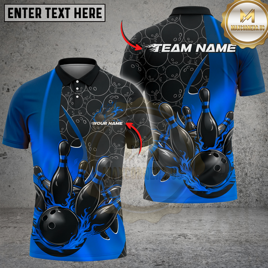 Maxcorners Bowling Shirt Fire Strike Black Red Flame Pins Design Multicolor Options Personalized Name, Team Name 3D Shirt (4 Colors)