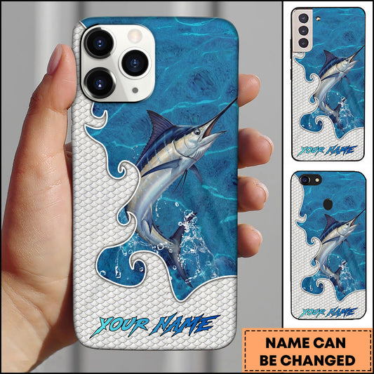 Maxcorners Marlin Fishing Ocean Blue Wave Scale Pattern Splash Personalized Name Phone Case