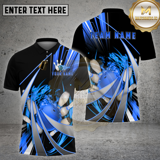 Maxcorners Bowling Shirt Neon Cyan Swirl Strike Multi Options Personalized Name, Team Name 3D Shirt