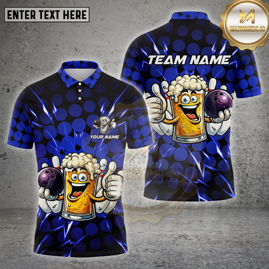 Maxcorners Bowling Beer Mug Lightning Blue Polka Dot Multiple Options Personalized Name, Team Name 3D Shirt