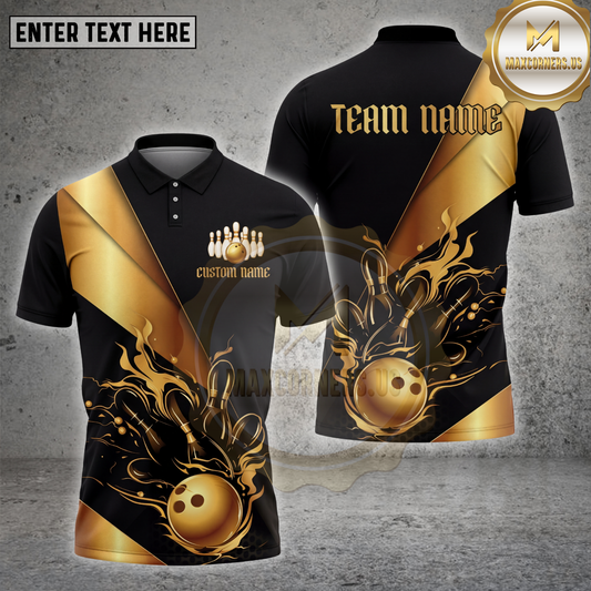 Maxcorners Bowling Gold Luxury Flame Art Multiple Options Personalized Name, Team Name 3D Shirt