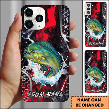 Maxcorners Mahi-Mahi Fishing Red Black Abstract Lightning Splash Personalized Name Phone Case