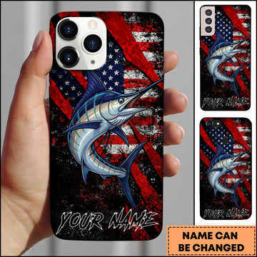 Maxcorners Fishing Marlin American Flag Patriotic Grunge Personalized Name Phone Case