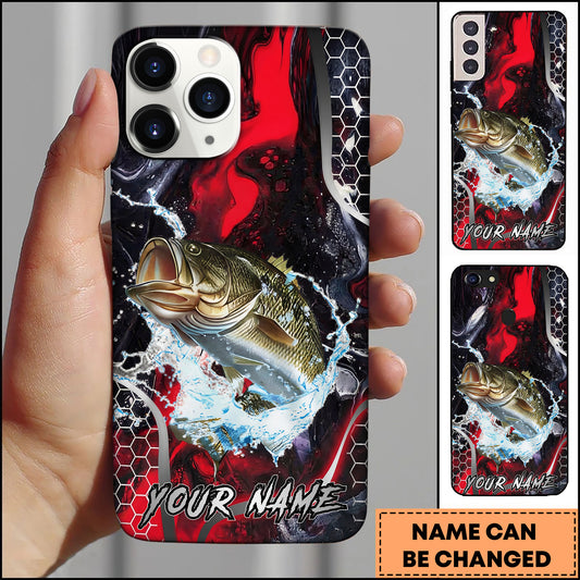 Maxcorners Bass Fishing Red Black Abstract Lightning Splash Personalized Name Phone Case