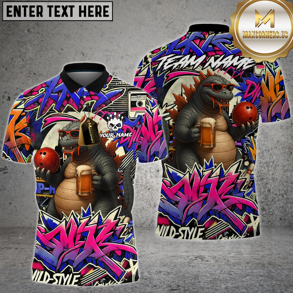Maxcorners Bowling Shirt Godzilla Graffiti Beer & Bowling Multioptions Personalized Name, Team Name Unisex 3D Shirt (4 Colors)
